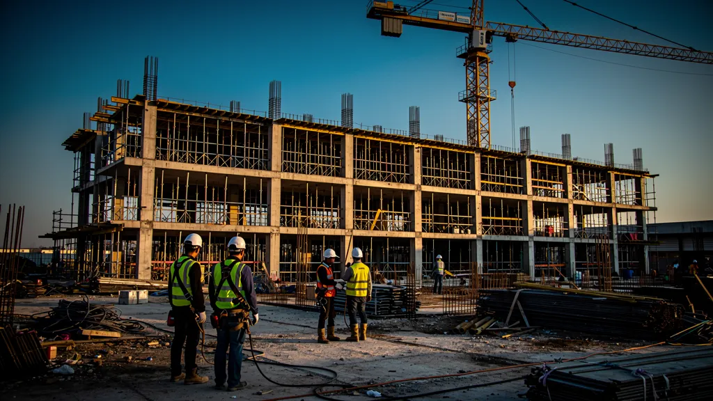 Obra en construcción con grúa y trabajadores