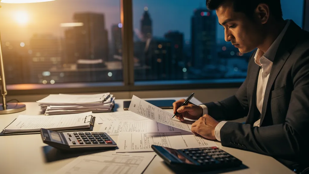 Revisión de documentos financieros en oficina